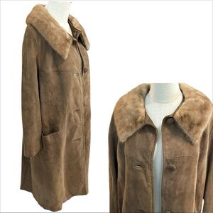 Vtg Genuine Tan Suede Mink Collar Jacket‎ Coat Mod 60s 70s Glam Boho Luxe